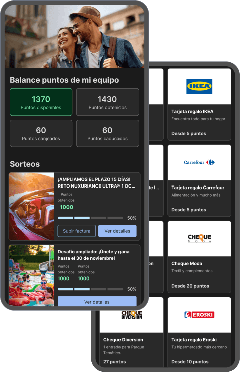 Interfaz de Emotivoo muestra el balance de puntos del equipo, los sorteos diponibles y las tarjetas regalo a las que se puede acceder con los puntos.