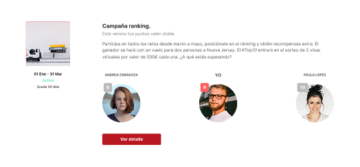 Interfaz el ranking de una campaña en curso del usuario muestra el puesto dentro del ranking y las dos personas más cercanas.