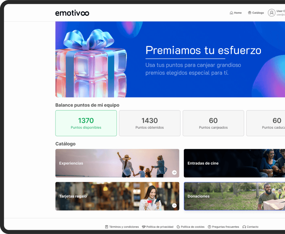 Panel de canjeo de puntos de Emotivoo muestra el balance de puntos a canjear y el catálogo: experiencias, entradas de cine, tarjetas regalo y donaciones.